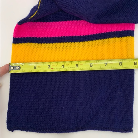 Rare Vintage High Wheel Bicycle Print Striped Spring Knit Scarf Navy Pink Yellow - Picture 10 of 10